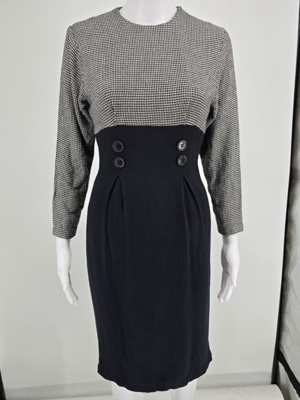 Vintage 1990s Courtney Rhodes Houndstooth Colorblock Secretary Sheath Dress (XS)